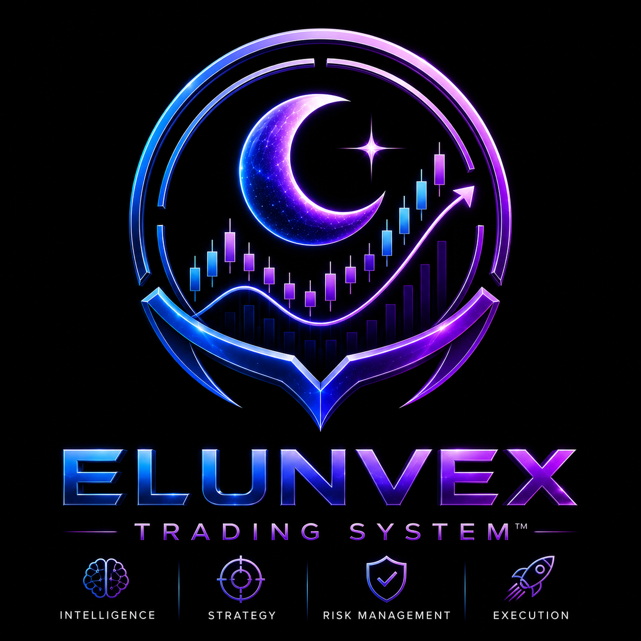 ELUNVEX Trading System crescent and market emblem